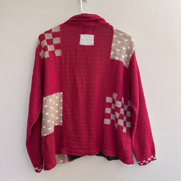 TM Sport Cardigan Sweater MEDIUM Vintage Patchwork Hand Knit Grandma Holiday Red - Picture 10 of 13
